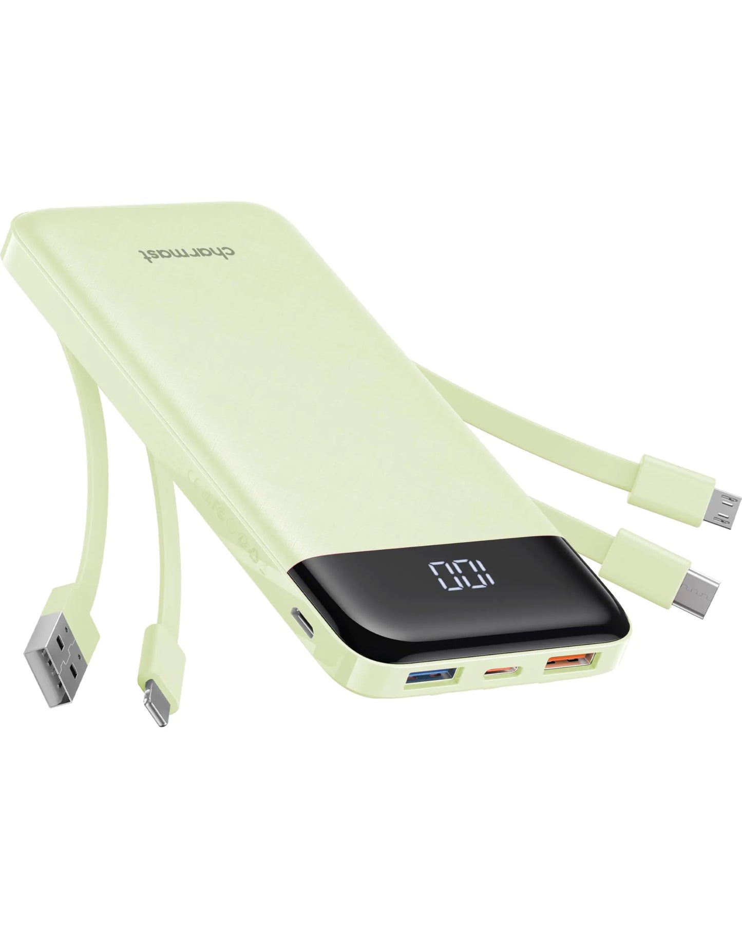 Slim 10000mAh Power Bank with Integrated Cables
