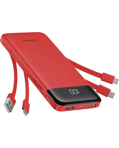 Slim 10000mAh Power Bank with Integrated Cables